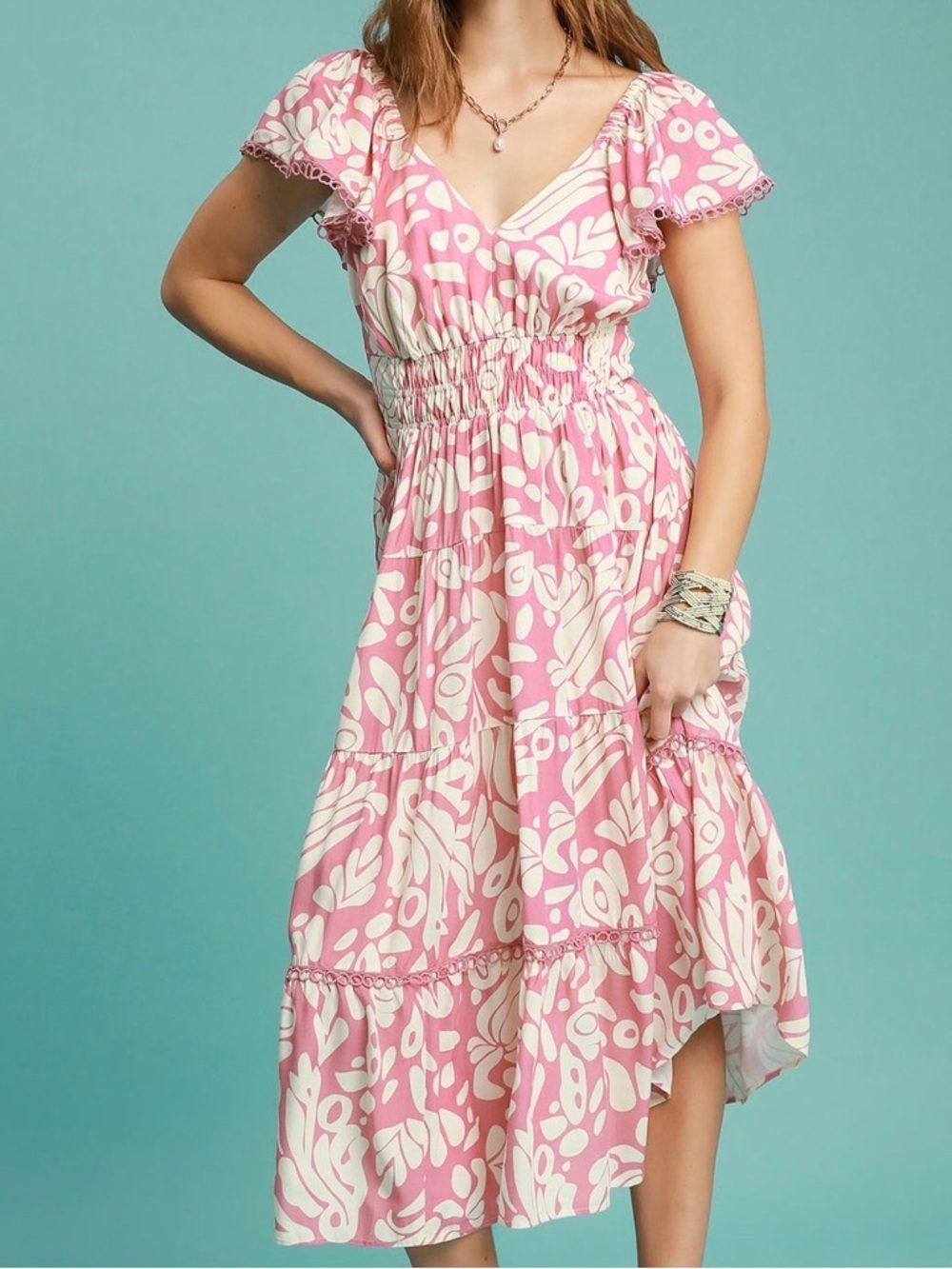 Umgee Pink and Cream Floral High-Low Midi Dress Size Small NWTS